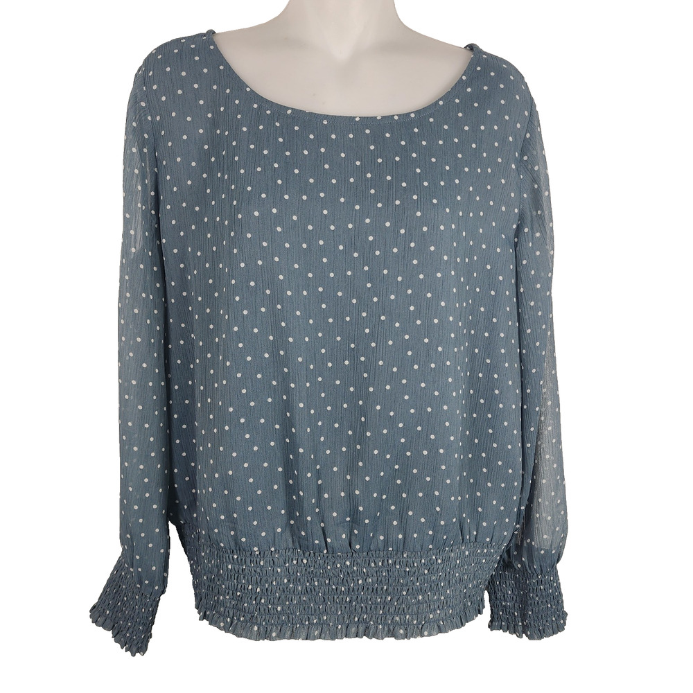 Loft Women Blouse Polka Dot Small Smocked Hem Cuff Long Sheer Sleeve Light Green - Picture 1 of 9